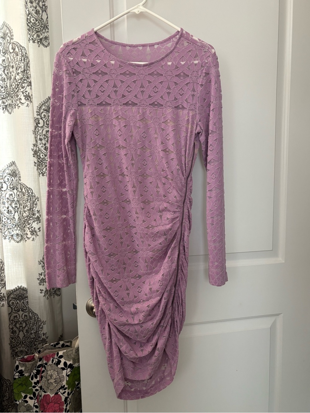 BCBGMaxAzria Lilac Lace Long-Sleeve Ruched Midi Dress